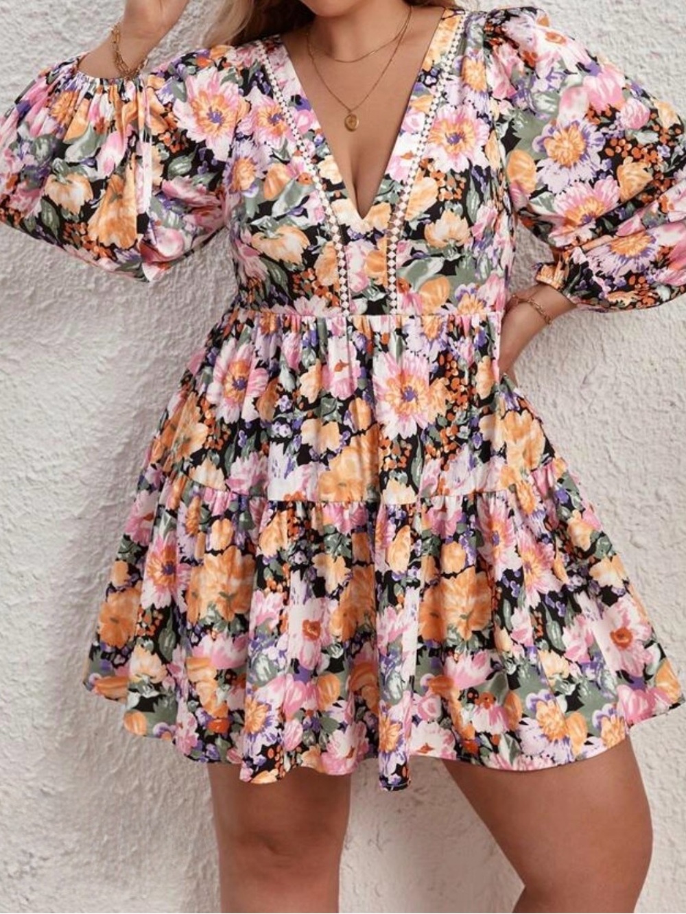 SHEIN Multicolor Floral V Neck Lace Trim Balloon Sleeve Ruffle Hem Mini Dress 2X